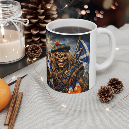 Scottish Heavy Metal Skull Mug — 'Iron-Bruh' Kilted Skeleton Coffee Cup (11oz & 15oz)