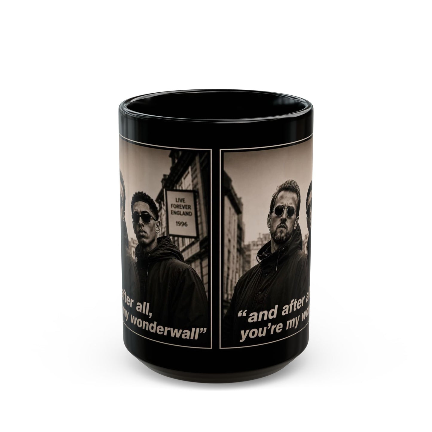Kane and Bellingham Lyric Photo Black Mug — “and after all, you’re my wonderwall” Band Tribute Coffee Cup