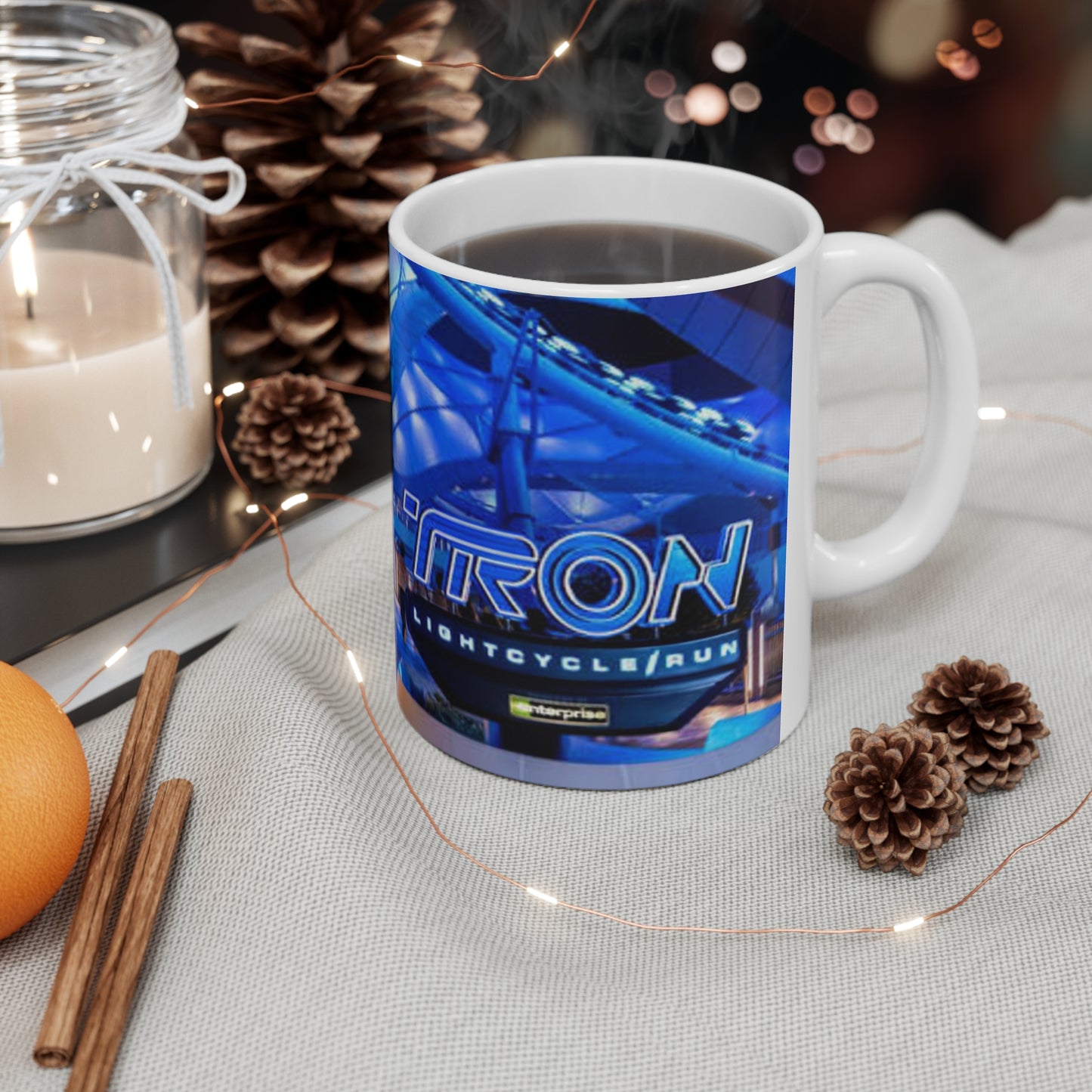 Blue Neon Cityscape Mug — Vibrant Nighttime Urban Photography Ceramic Coffee Cup (11oz & 15oz)