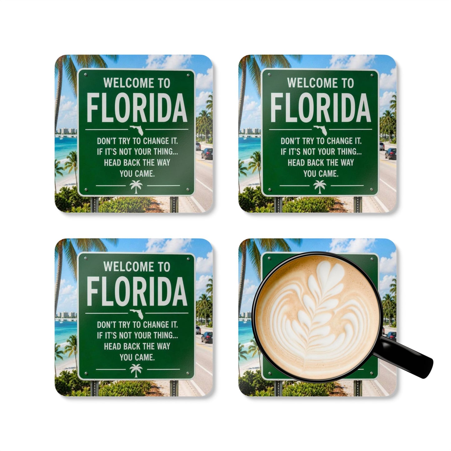 Florida Welcome Sign Corkwood Coaster Set – 'Welcome to Florida' Beach Road Drink Coasters