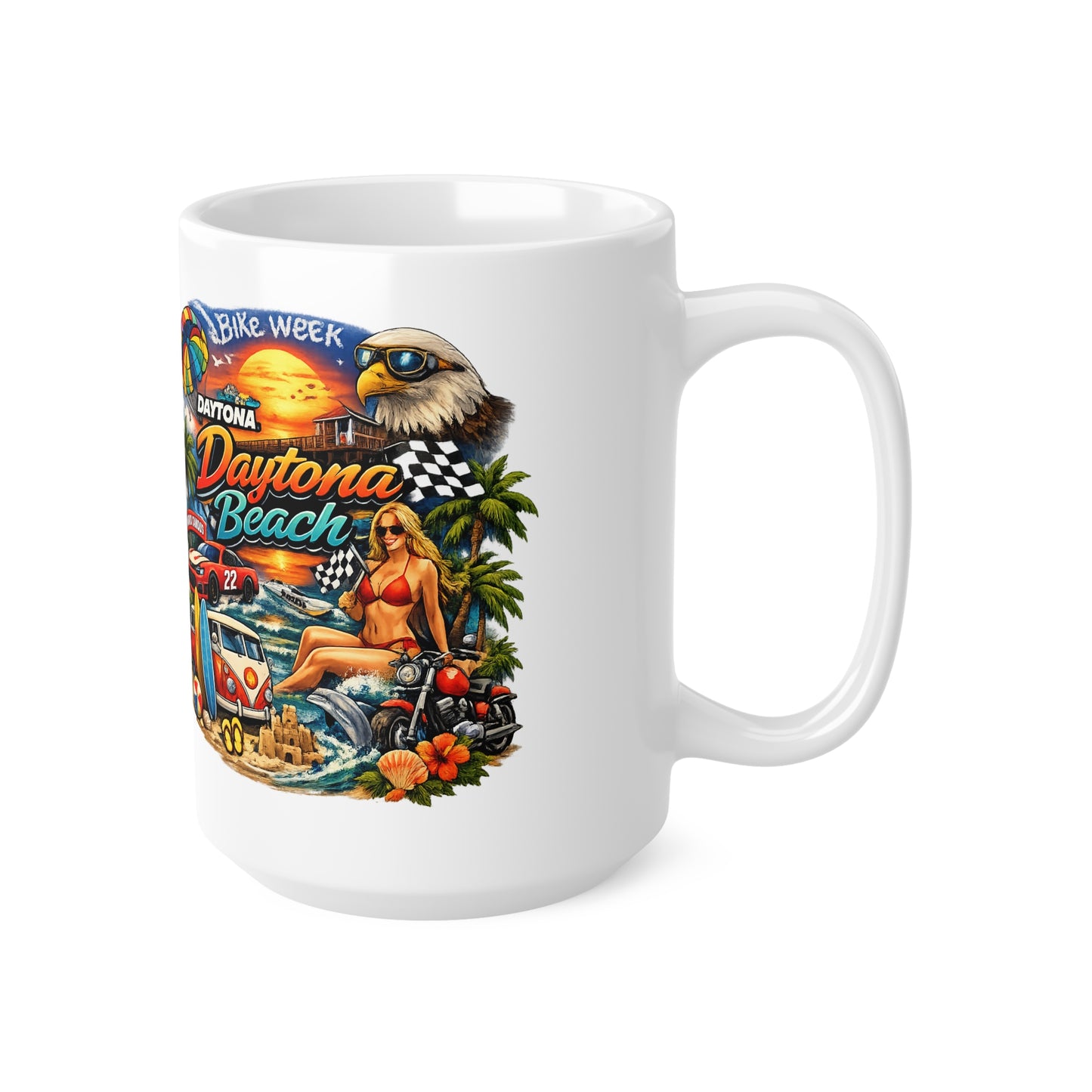 Daytona Beach Vintage Motorcycle & Surf Ceramic Coffee Mug — 11oz/15oz