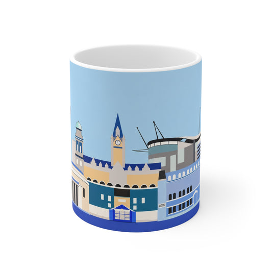 Welcome to Manchester City Skyline Mug — Blue Illustrated Landmark Coffee Cup (11oz & 15oz)