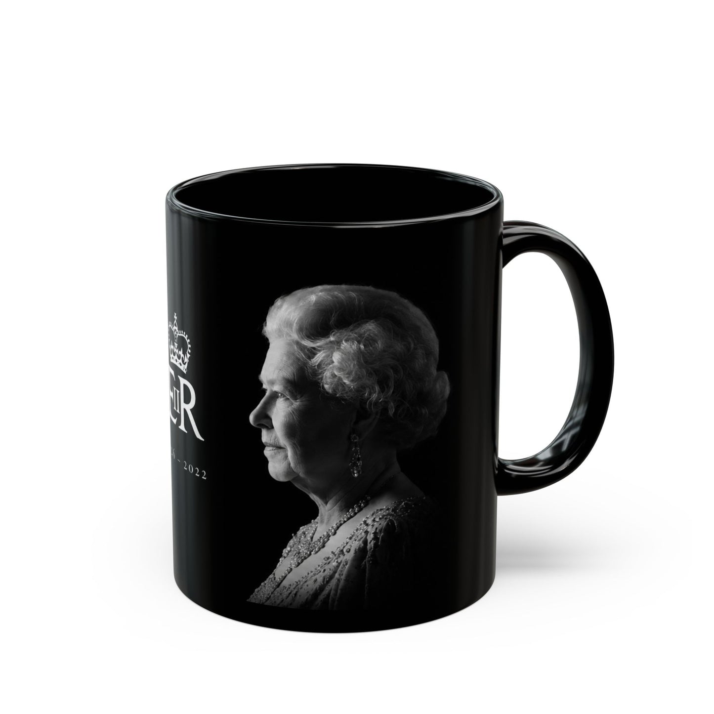 Queen Elizabeth II Memorial Black Mug – E II R Tribute Design (1926–2022)