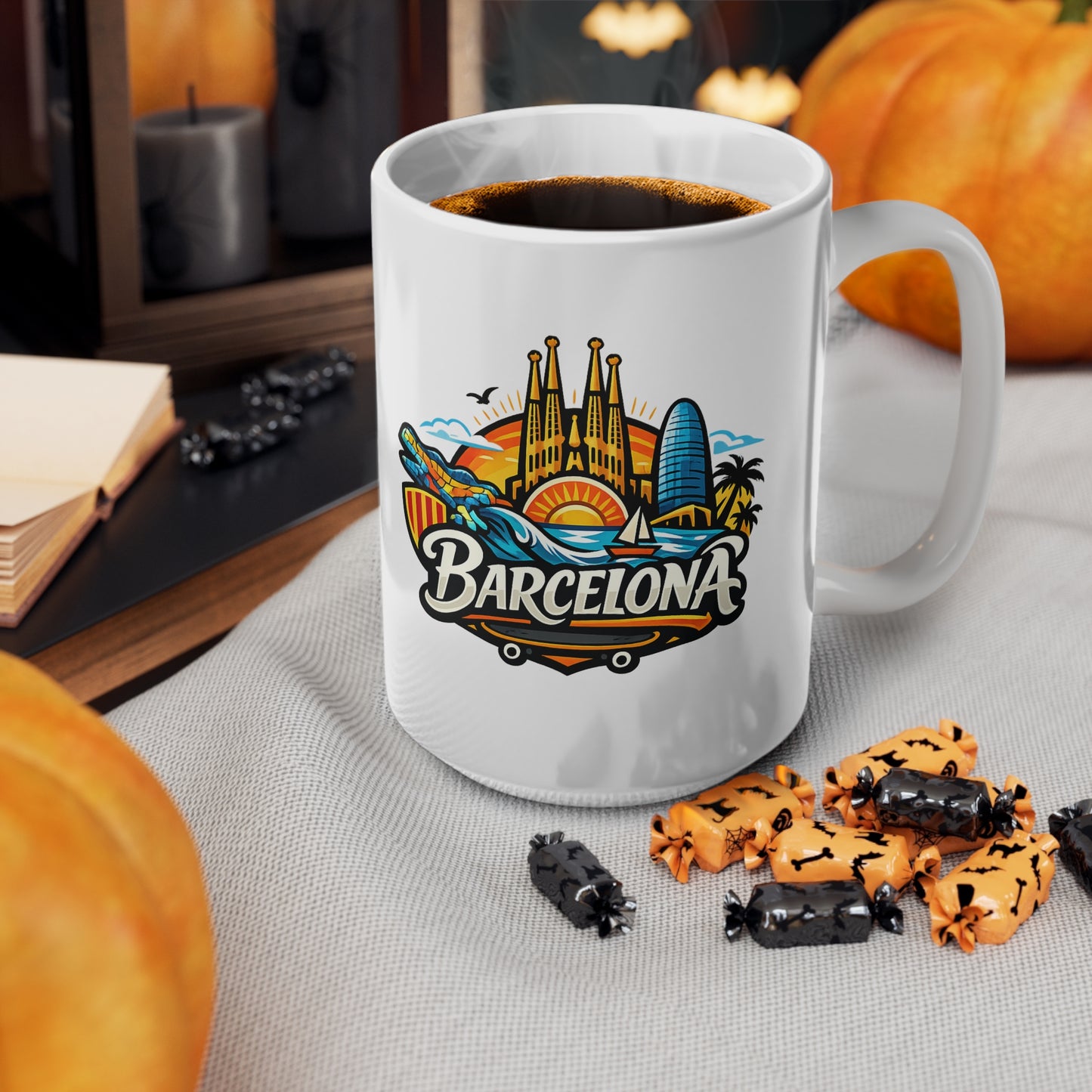 Barcelona Skyline Coffee Mug — Colorful Travel Souvenir 11oz/15oz