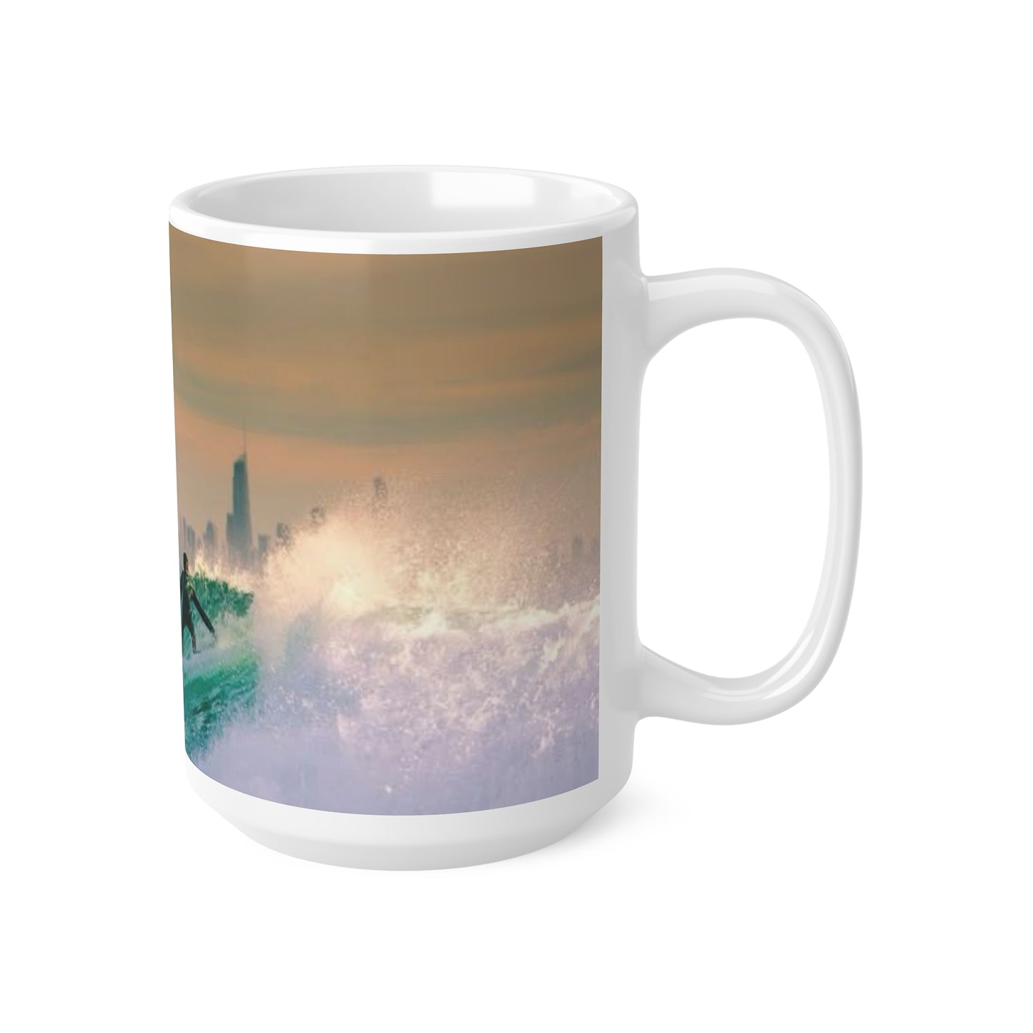 Surfer City Skyline Ceramic Coffee Mug – Ocean Wave Sunrise 11oz & 15oz