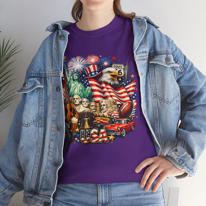 Patriotic USA Graphic Tee – American Flag, Statue of Liberty & Fireworks T-Shirt