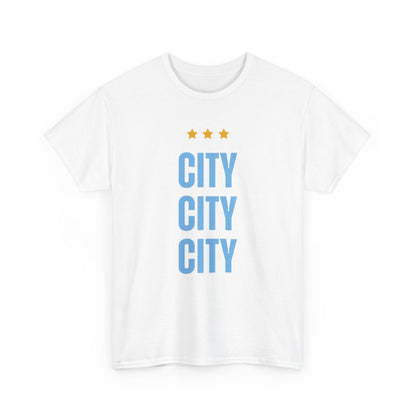 Manchester City City City Tee — Minimal Skyline Graphic T‑Shirt with Three Stars