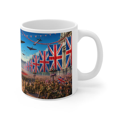 Union Jack Victory Parade Mug — Buckingham Palace Vintage WWII Commemorative Coffee Cup (11oz/15oz)