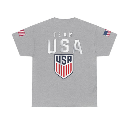 Team USA Flag T‑Shirt — Patriotic Navy Tee with Back Shield Logo