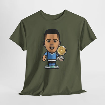 Rodri Manchester City Cartoon Tee — Player Holding Trophy Graphic Shirt