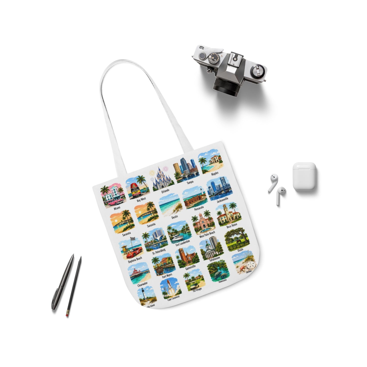 Florida City Landmark Collage Canvas Tote Bag — Vintage Travel Icons Print