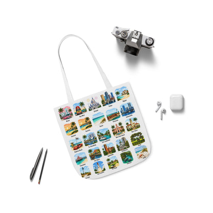 Florida City Landmark Collage Canvas Tote Bag — Vintage Travel Icons Print