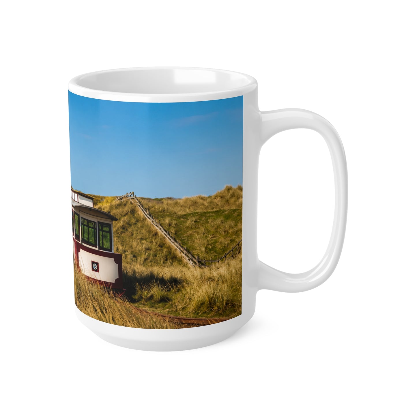 Coastal Dunes Camper Photo Mug - Scenic Beach Bus Ceramic Coffee Cup (11oz, 15oz)