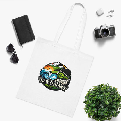 New Zealand Scenic Tote Bag — Kiwi, Fern & Mountain Cotton Shopper