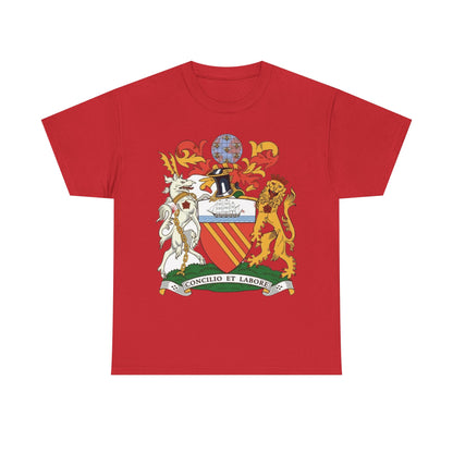 Manchester Coat of Arms Crest T‑Shirt — Heraldic Family Shield Tee with 'Concilio et Labore' Banner