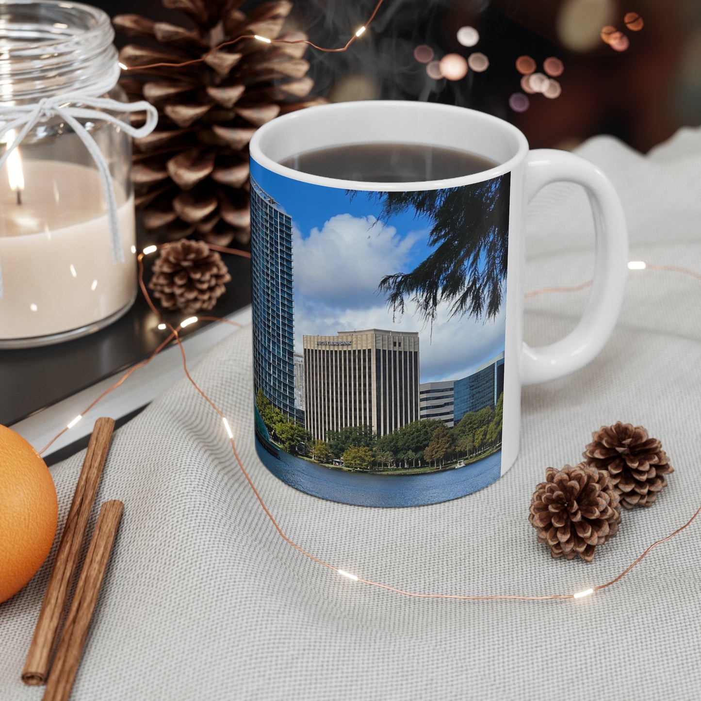 Lake Eola City Waterfront Photo Mug — Scenic Harbor Skyline Ceramic Coffee Cup (11oz & 15oz)