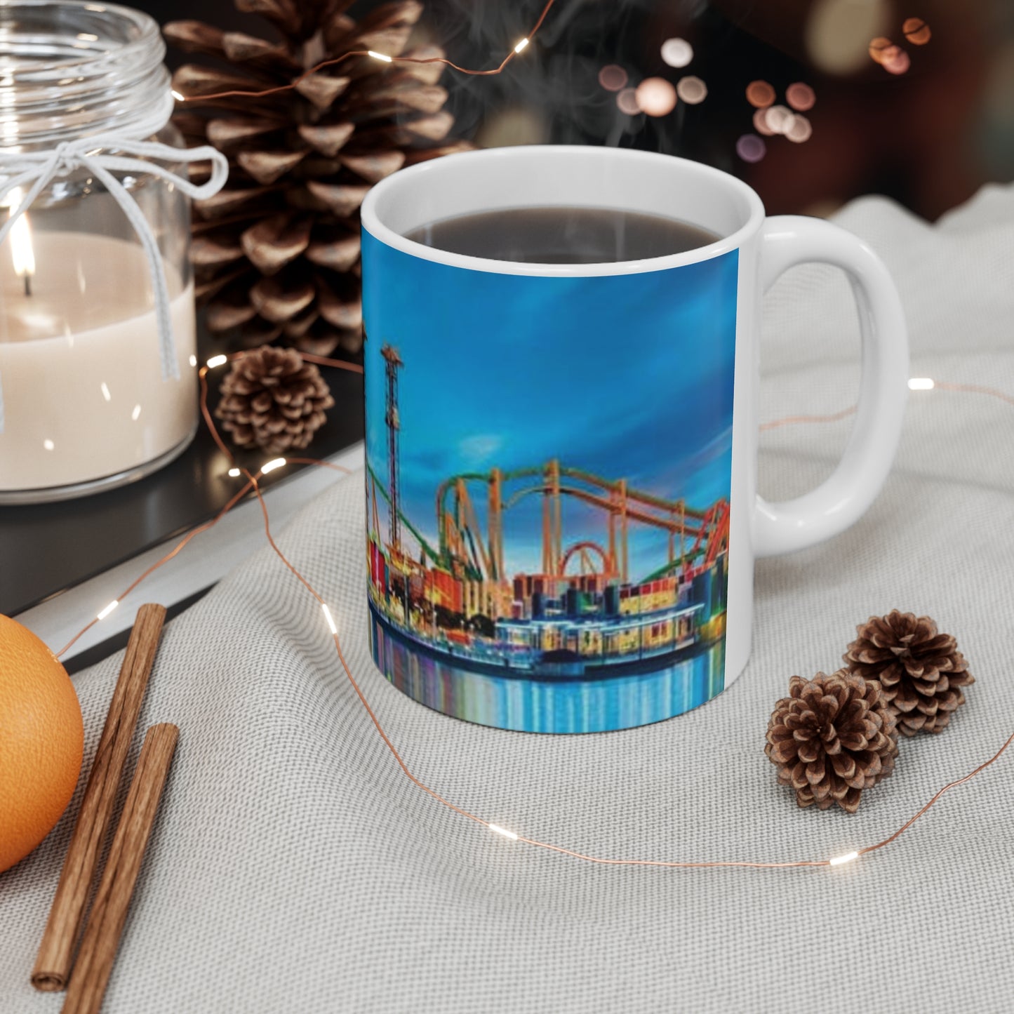 Orlando Theme Park Nightscape Ceramic Mug — Colorful Roller Coaster Skyline (11oz & 15oz)