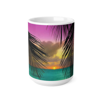 Tropical Sunset Coffee Mug — Palm Tree Beach Sunrise Ceramic Mug (11oz & 15oz)
