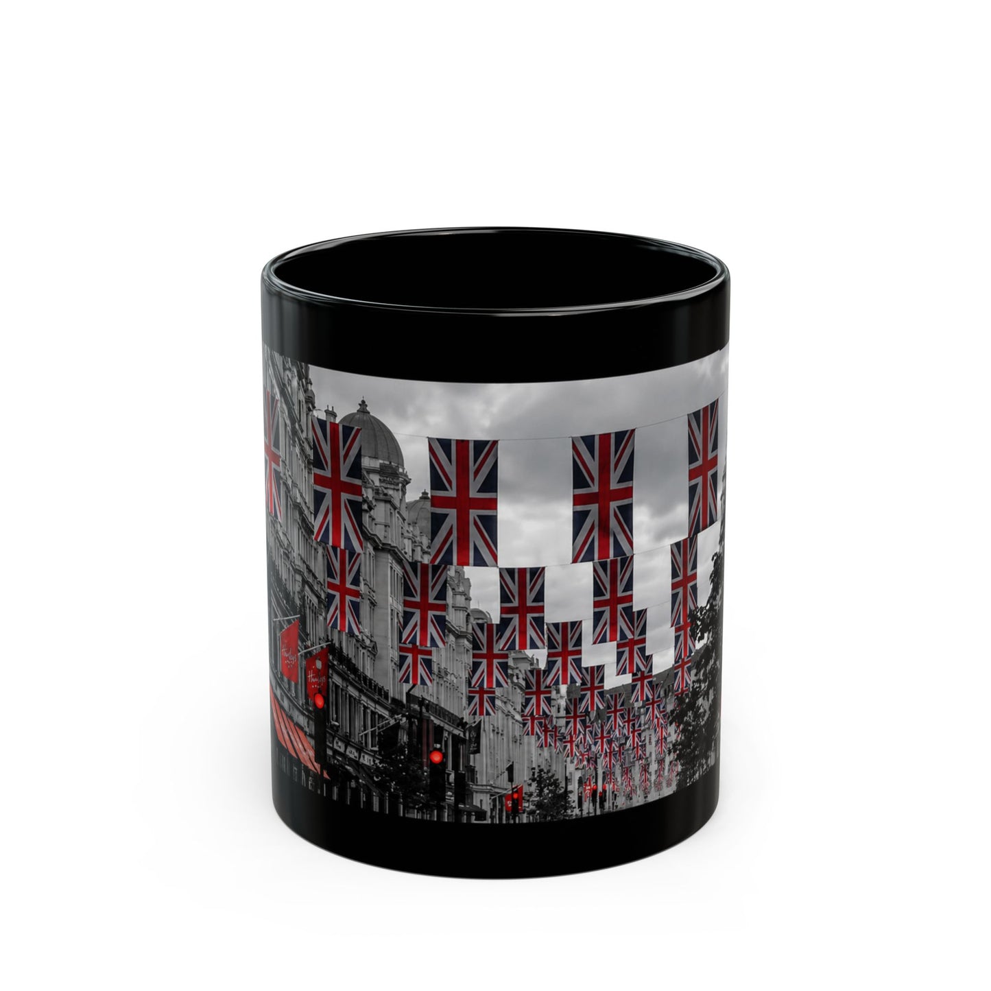 London Street Union Jack Street Scene Black Mug (11oz, 15oz) — London Flags Coffee Cup