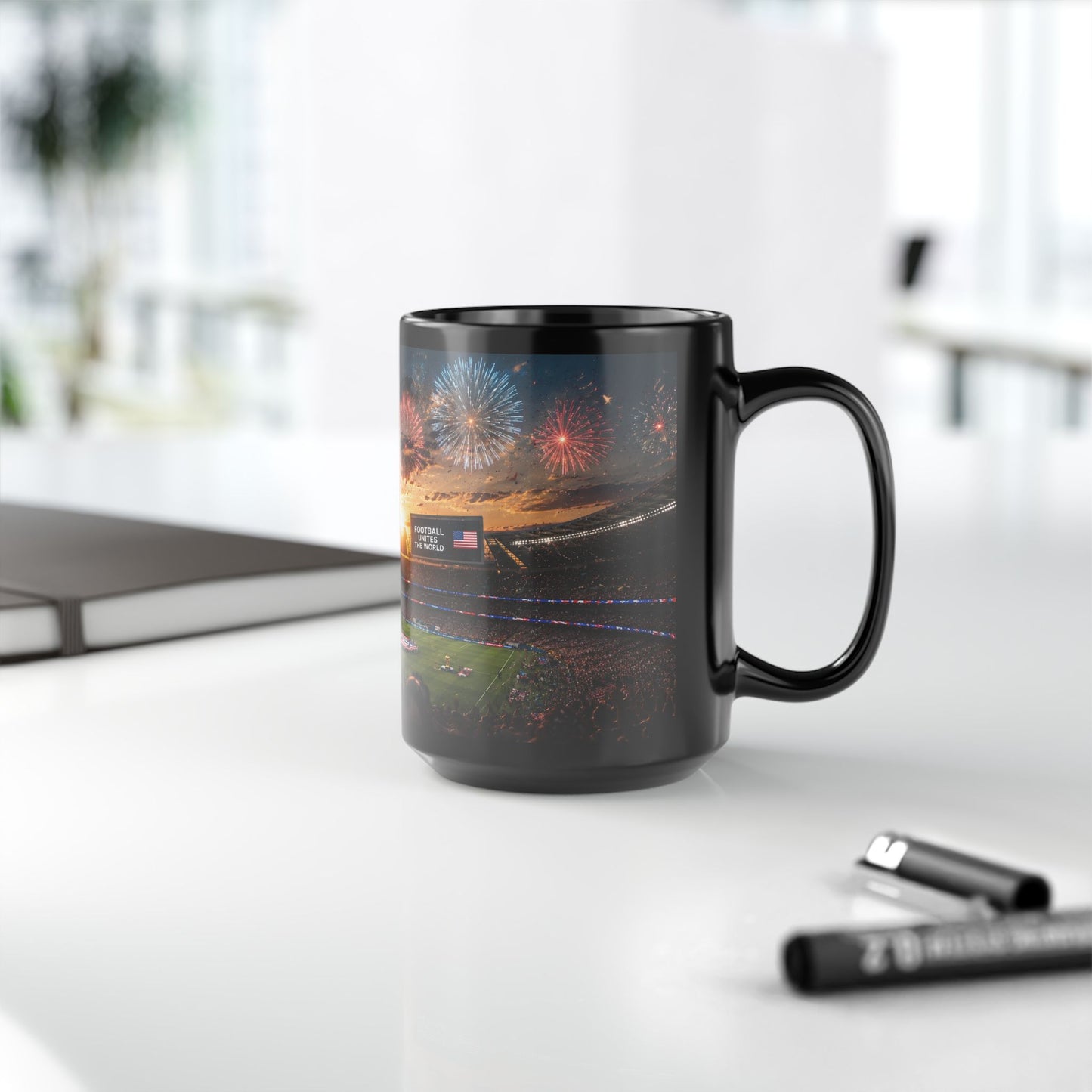 World Cup 2026 Patriotic Stadium Fireworks Black Mug — American Flag Football Game Coffee Cup (11oz/15oz)