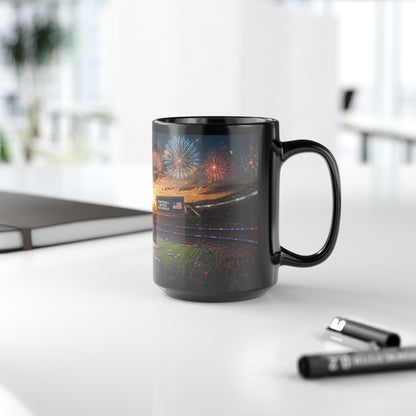 World Cup 2026 Patriotic Stadium Fireworks Black Mug — American Flag Football Game Coffee Cup (11oz/15oz)