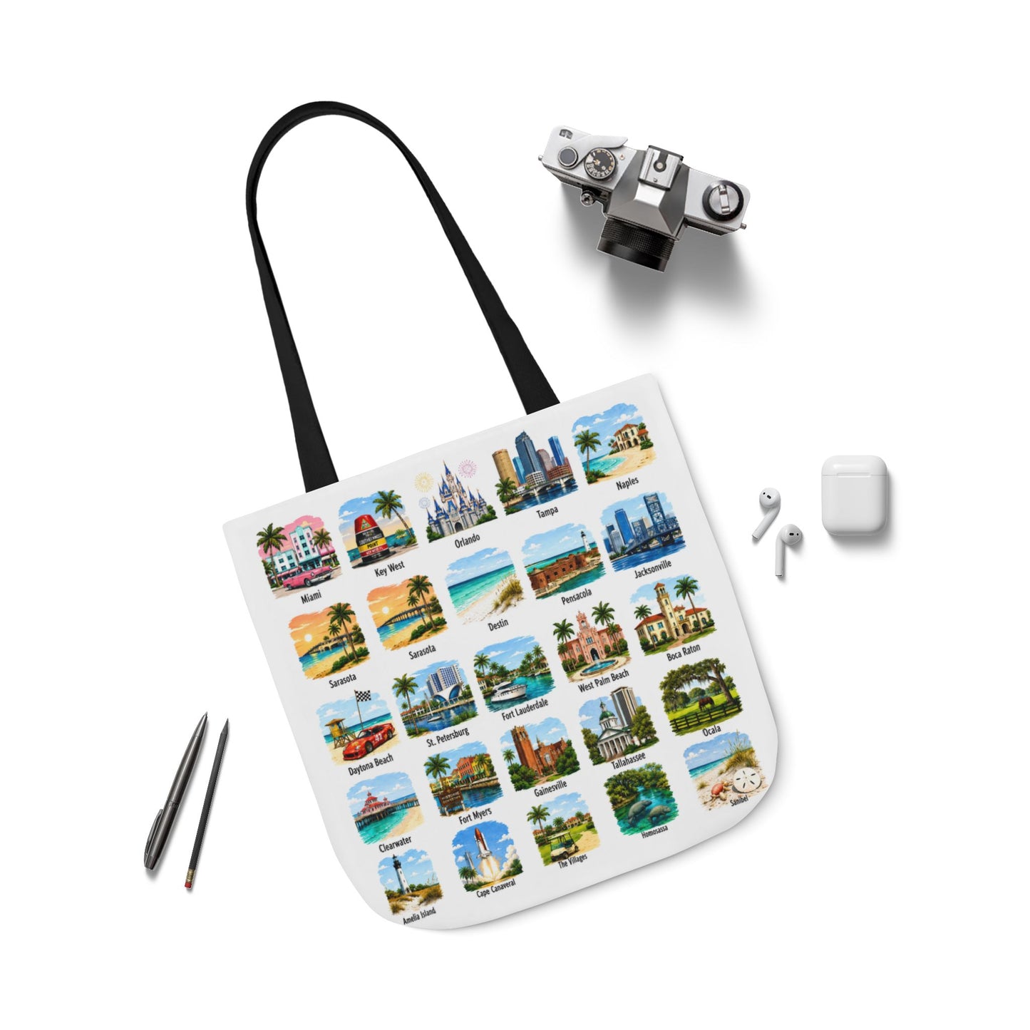 Florida City Landmark Collage Canvas Tote Bag — Vintage Travel Icons Print