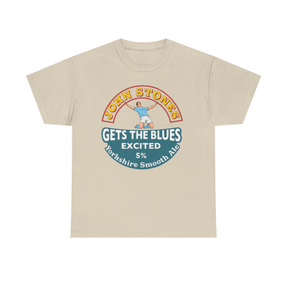 John Stones T-Shirt — "Gets The Blues Excited" Retro Ale Parody Tee