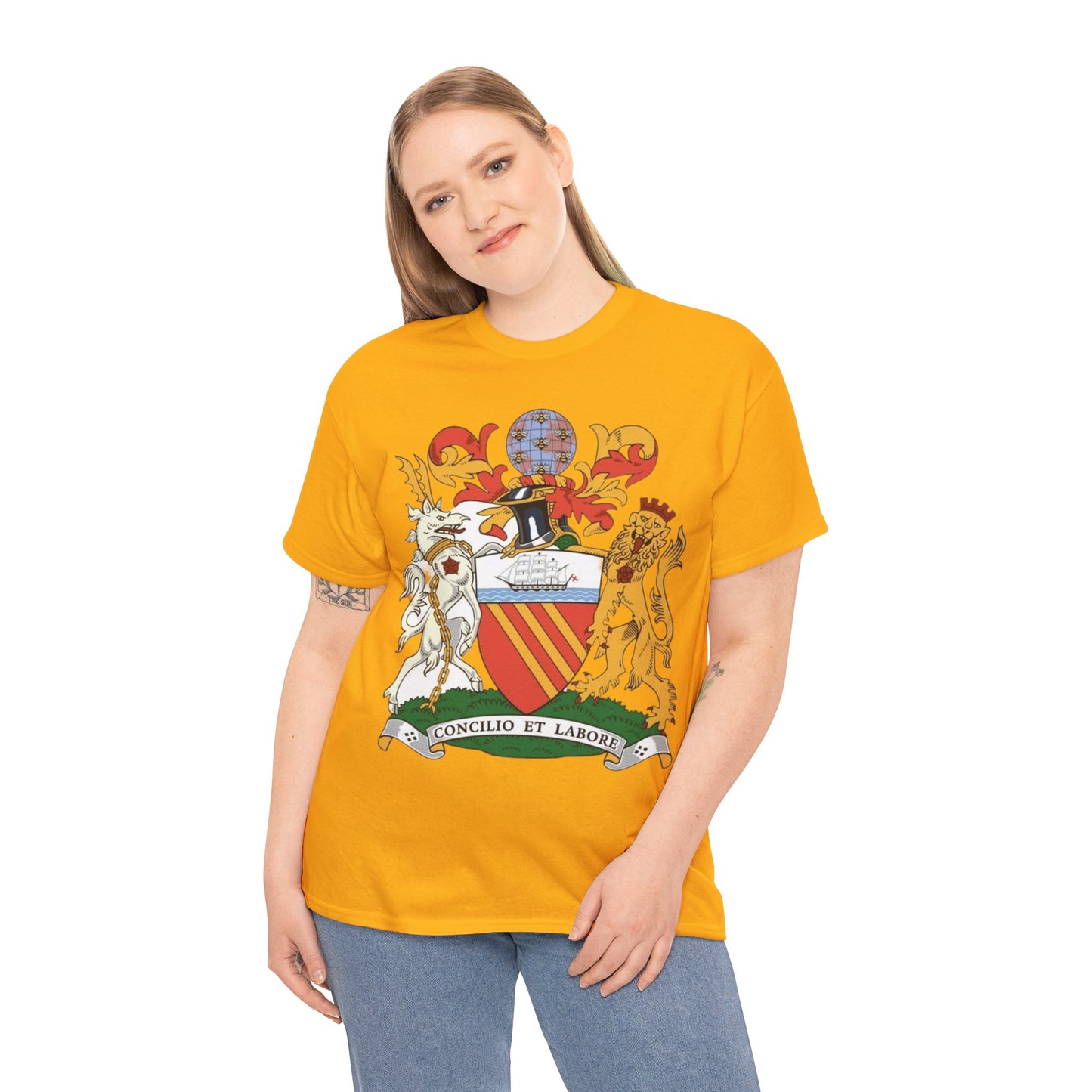 Manchester Coat of Arms Crest T‑Shirt — Heraldic Family Shield Tee with 'Concilio et Labore' Banner