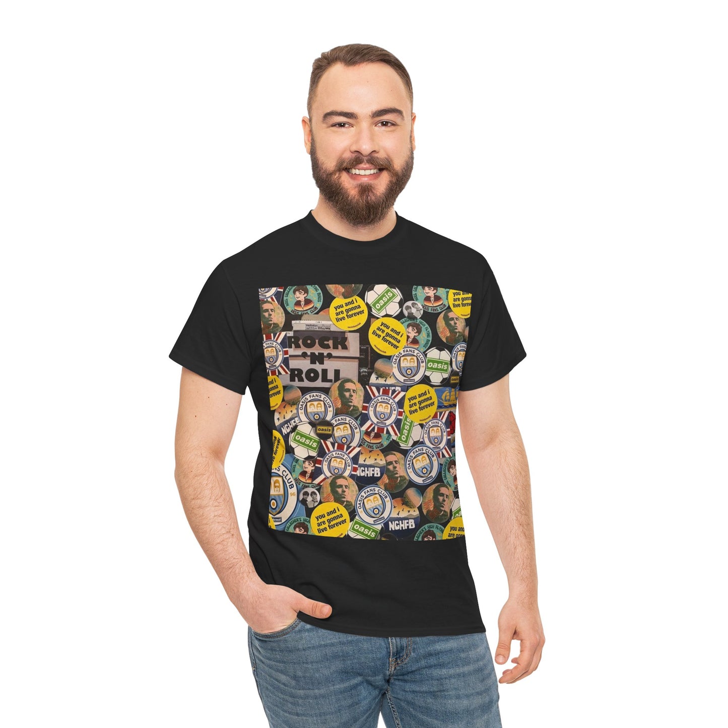 Oasis Rock & Roll Retro Button Collage Tee