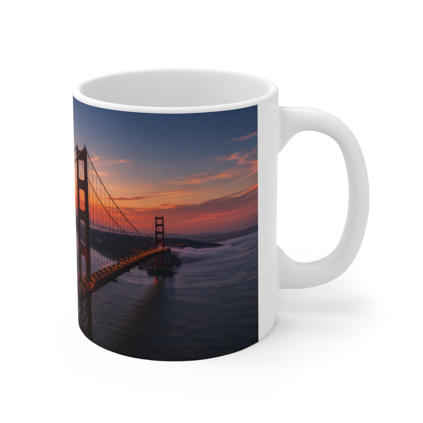 Golden Gate & Flag Sunrise Coffee Mug — San Francisco Sunset Ceramic Cup (11oz/15oz)