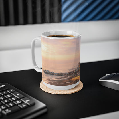 Blackpool Sunset Pier Ceramic Coffee Mug — Coastal Seaside Sunrise Photo, 11oz & 15oz