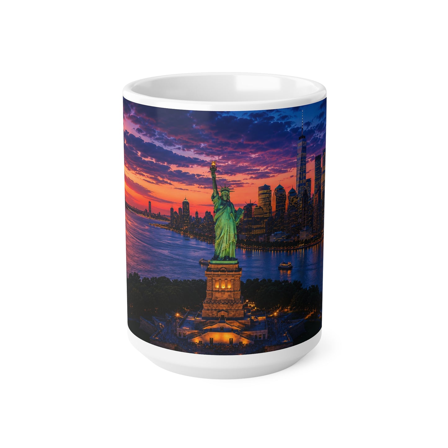 New York Sunset Ceramic Mug — Statue of Liberty Skyline 11oz & 15oz