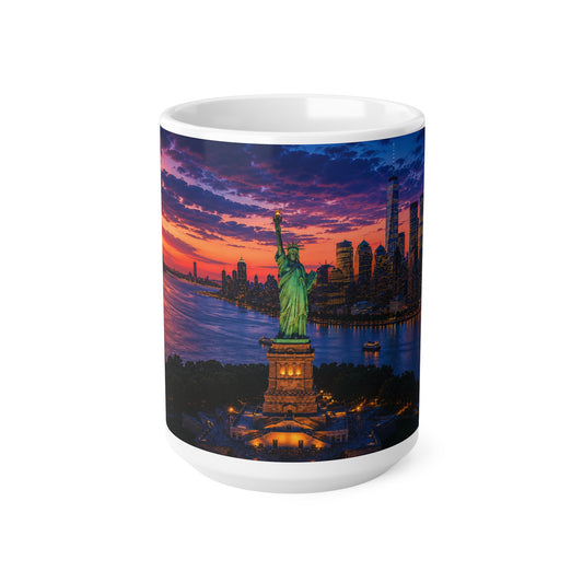 New York Sunset Ceramic Mug — Statue of Liberty Skyline 11oz & 15oz