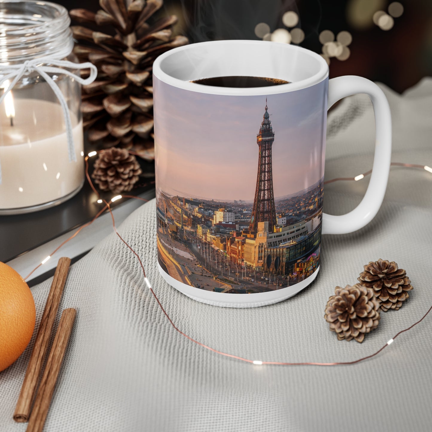 Blackpool Sunset Pier Ceramic Coffee Mug — Coastal Seaside Sunrise Photo, 11oz & 15oz