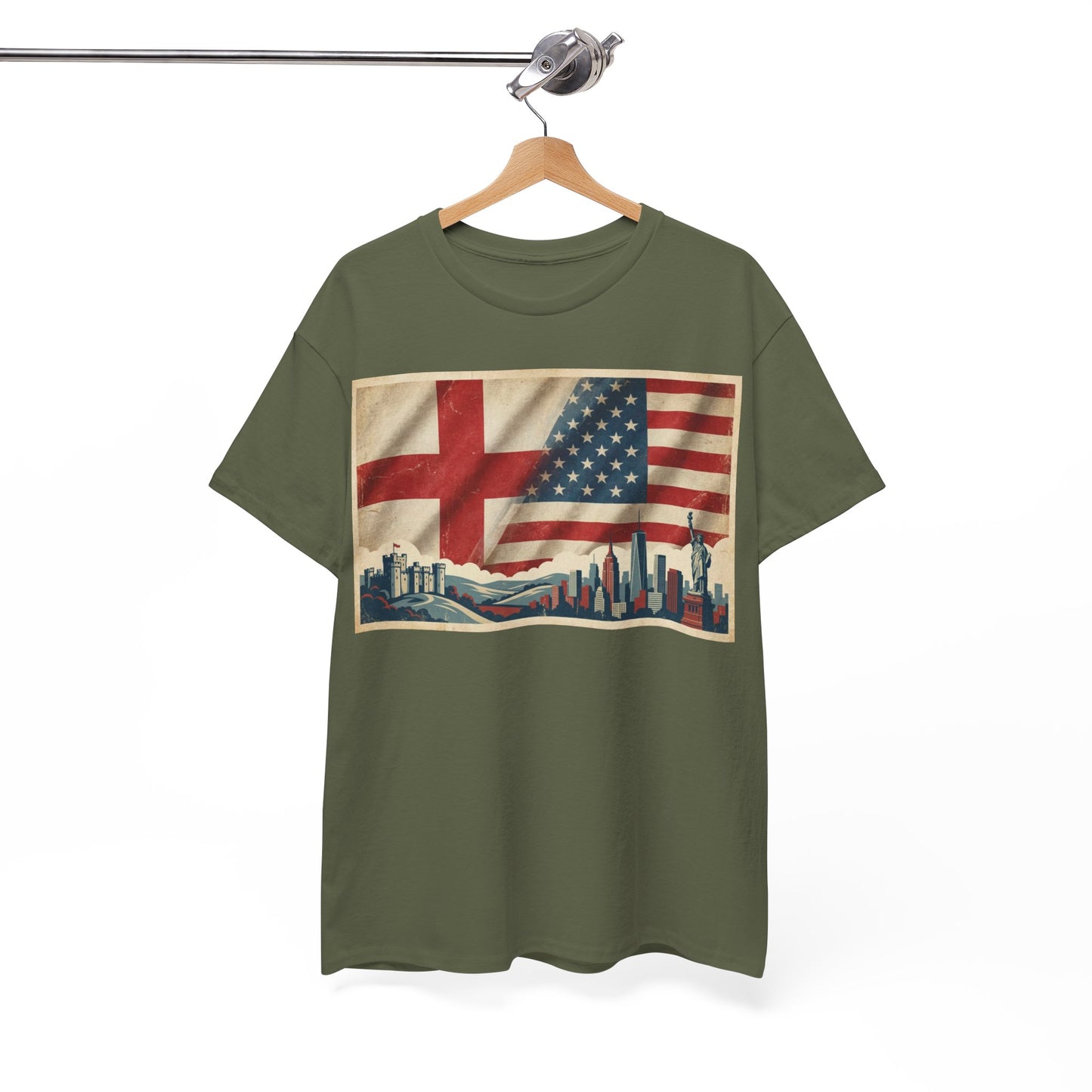 England + USA Flag Skyline T-Shirt — Vintage London & New York City Pride Tee