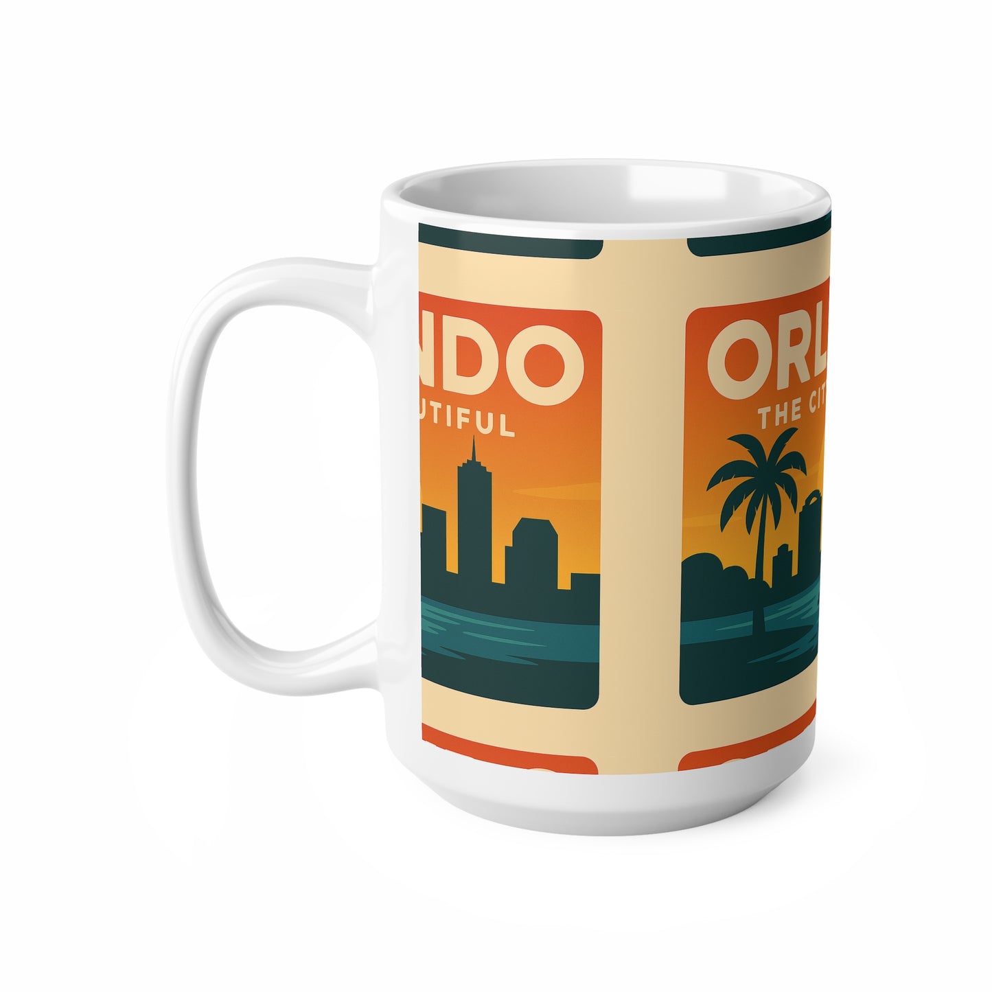 Orlando 'The City Beautiful' Orange Skyline Coffee Mug — Retro Travel Ceramic Cup (11oz & 15oz)