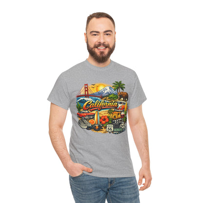 California Vintage Travel T-Shirt — Golden Gate, Palm Trees & Route 66 Tee