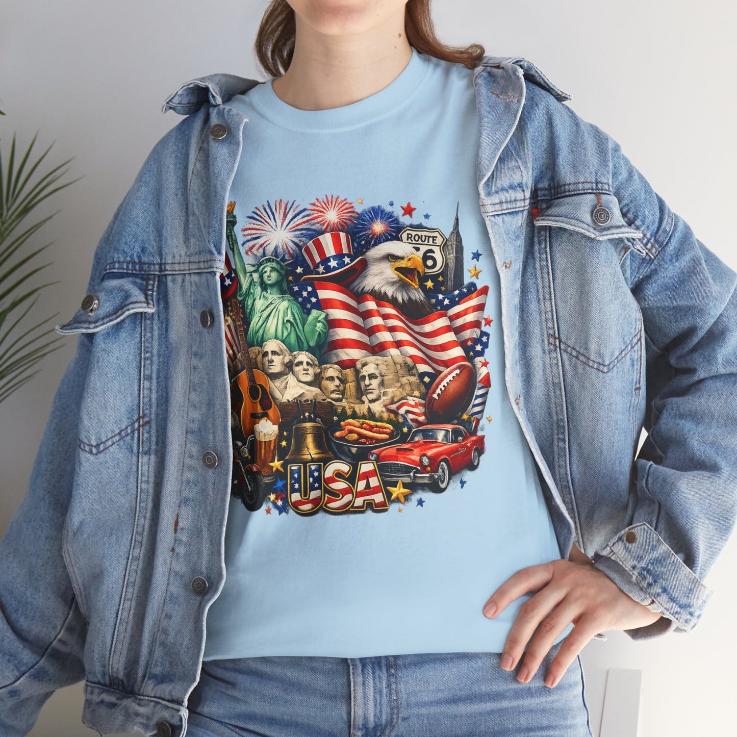 Patriotic USA Graphic Tee – American Flag, Statue of Liberty & Fireworks T-Shirt
