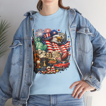 Patriotic USA Graphic Tee – American Flag, Statue of Liberty & Fireworks T-Shirt